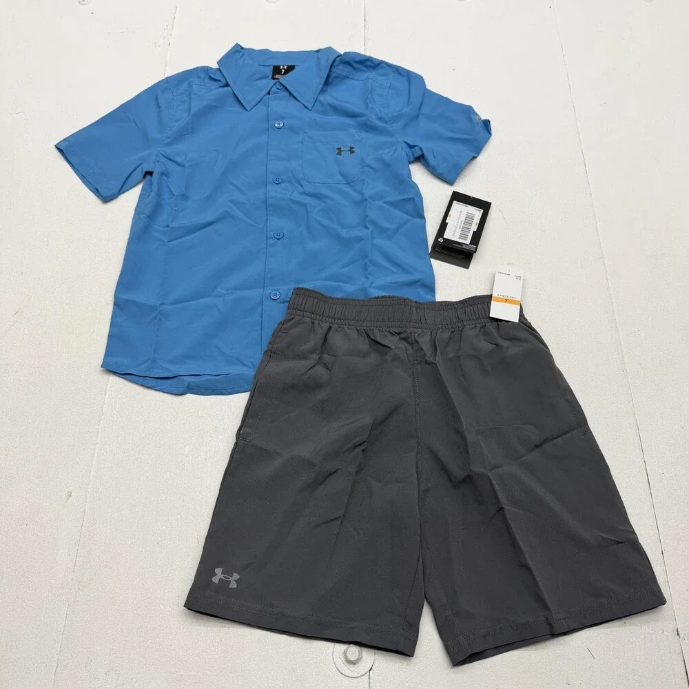 Under Armour Shirt Shorts Set Boys 7 Blue Gray Collared Button 2 Piece Outfit